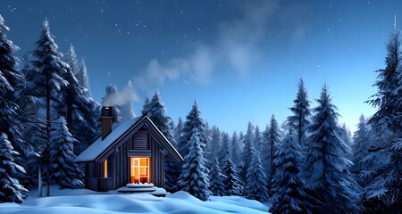 Log Cabin Surrounded by Snowy Pines on a Chilly Night_022