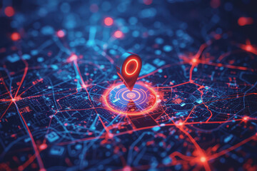 Location icons of GPS navigation, Global 5g high-speed internet connection, and Big data analysis.