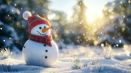 Obraz premium Cheerful snowman with hat and scarf in snowy field