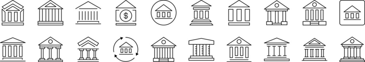 Bank Building Related Image Collection. Editable Stroke. Perfect for Infographics, Articles, Books, Flyers, Banners