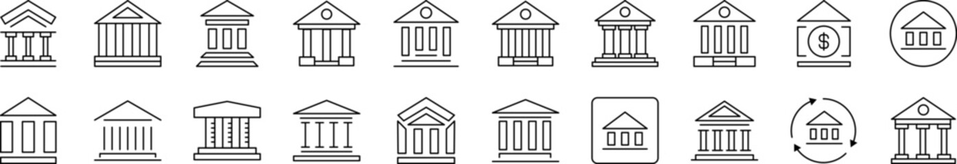 Bank Building Related Line Icon Collection. Editable Stroke. Perfect for Infographics, Articles, Books, Flyers, Banners