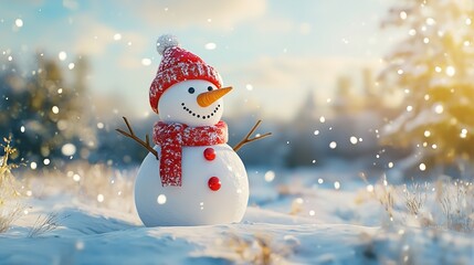 Cheerful snowman with hat and scarf in snowy field