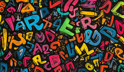 Fototapeta premium Colorful Abstract Graffiti Art with Vibrant Letters and Artistic Symbols on Dark Background