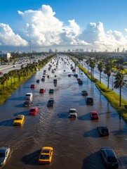 Obraz premium Heavy flooding on a highway in a city with numerous vehicles attempting to navigate through the water during the day