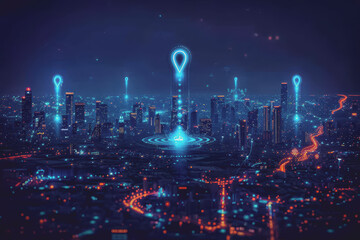 Fototapeta premium Location icons of GPS navigation, Global 5g high-speed internet connection, and Big data analysis.