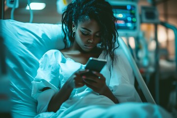 a blacked girl in Hospital Bed Using a Smartphone