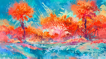 Vivid Anime Abstract Tropical Sunset with Palm Trees Reflected on Ocean Waters And Waves