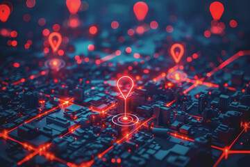Location icons of GPS navigation, Global 5g high-speed internet connection, and Big data analysis.