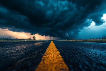 Dark storm clouds gathering over a deserted road at dusk with a striking yellow centerline