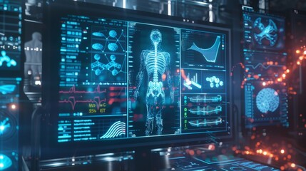 DNA medical screen hologram science hud data analysis body research background futuristic. Screen DNA infographic medical scan health digital 3d technology medicine human tech ui graph interface lab.