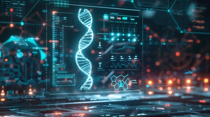 DNA medical screen hologram science hud data analysis body research background futuristic. Screen DNA infographic medical scan health digital 3d technology medicine human tech ui graph interface lab.