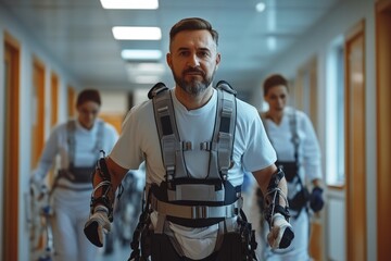 Focused man using exoskeleton during physiotherapy session with doctors