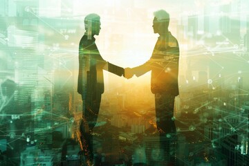 Fototapeta premium Double exposure of Image of businessmen hand shake, concept of network connection in urban life.