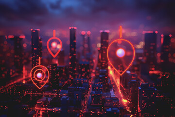 Fototapeta premium Location icons of GPS navigation, Global 5g high-speed internet connection, and Big data analysis.