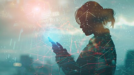 Double exposure of smartphone, Concept communication network digital technology via internet wireless