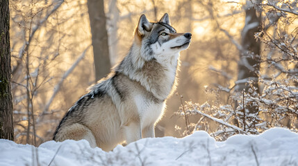 Fototapeta premium Grey wolf (Canis lupus) between trees, looking up and to the right in winter.