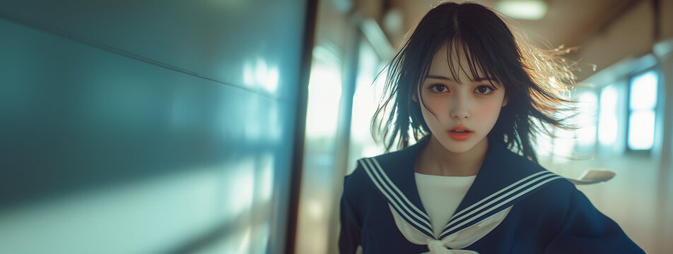 1人の制服を着た女子高校生が校舎の中を力強く歩いているポートレート写真