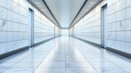 A long, empty hallway with white walls and marble floors