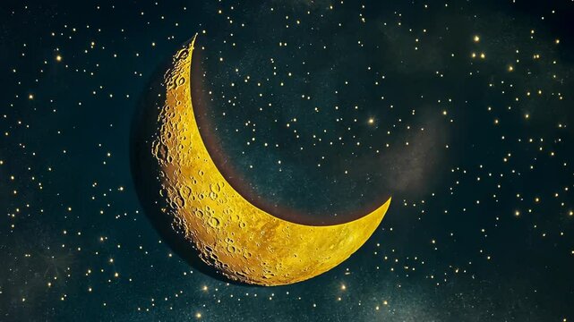 Captivating view of a luminous golden crescent moon surrounded by twinkling stars set against a deep navy night sky, evoking peace and the vastness of the universe.