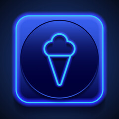 Ice cream simple icon vector. Flat design. Blue neon style on button. With shadow