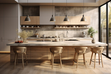 A stylish kitchen with natural wood cabinetry and a large island, featuring modern pendant lights, and open shelves displaying ceramics.
