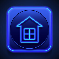House simple icon. Flat design. Blue neon style on button. With shadow