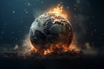 Conceptual image of the planet earth burning and destroyed isolated on dark background. Concept of destruction of the planet and environment by pollution.