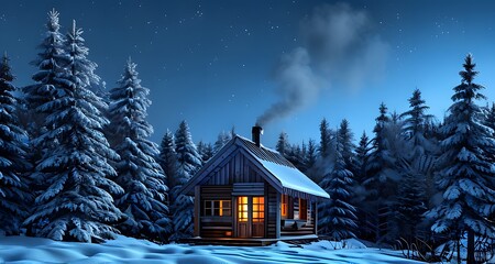 Log Cabin Surrounded by Snowy Pines on a Chilly Night_085