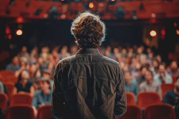 Stand-up comedy on stage with a microphone Captivating viewers with his lively sense of humor.
