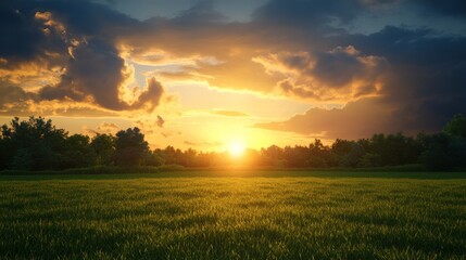 Fototapeta premium Golden Sunset Over Green Field With Trees