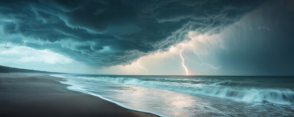 Thunderous storm over the sea, lightning illuminating massive tidal waves, depicting the fury of nature