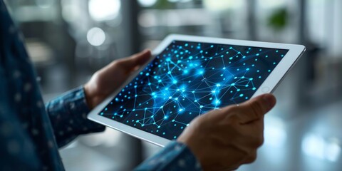 Person holding a tablet displaying a digital network with connected nodes and lines