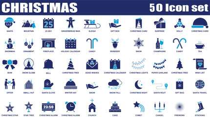 Christmas fill web 50 icons set isolated. colorful Collection of Xmas icons set. Set of Modern Flat Christmas Icons for Design Projects