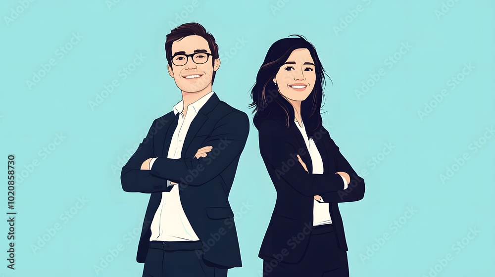 Wall mural cartoon-style depiction of two office workers standing next to each other with arms crossed and smil