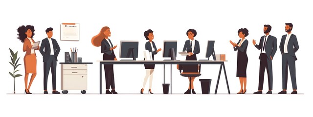 Cartoon vector-style business team in an office working together on a computer, against a white background.