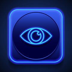 Eye simple icon vector. Flat design. Blue neon style on button. With shadow