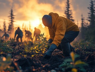 Volunteers planting trees in forest at sunrise