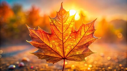 Fototapeta premium A single maple leaf, bathed in the warm glow of a setting sun, stands out against a backdrop of golden bokeh, a visual poem of autumn's embrace.