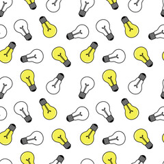Seamless pattern with electric light bulbs. Idea symbol light on white background. Vector Illustration for textile design, packaging, backgrounds, prints