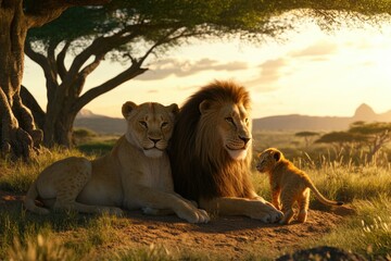 Majestic Lion Family in African Savannah at Sunset – Perfect for Wildlife Posters and African...