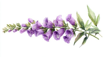 Purple foxglove flowers with green leaves on a white background