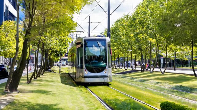 Tram in the Rotterdam city center, green trees background