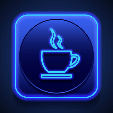 Cup simple icon vector. Flat design. Blue neon style on button. With shadow