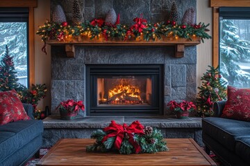 cozy holiday fireplace, a cozy fireplace adorned with holiday decorations, radiating a comforting warmth, perfect for family gatherings with a space for text