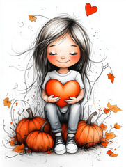A beautiful cartoon little girl wearing a white t-shirt and jeans, sitting on pumpkins, holding an orange heart, against a white background. Thanksgiving greeting card