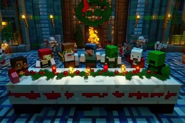 Festive voxel characters gathered around a decorated table in a holiday-themed castle hall.