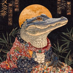Alligator adorned with detailed Kasuri patterns