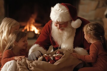 Obraz premium Santa Claus joyfully shares gifts with delighted children seated around a crackling fireplace, enveloped in a warm, festive atmosphere, symbolizing happiness and generosity.
