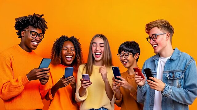 Five friends of various ethnicities happily share and view content on phones. The image captures youthful energy and the digital connectivity of diverse young adults dressed casually against a