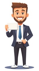 A cartoon man in a suit and tie, wearing white socks on his feet, is holding up an empty card to the camera